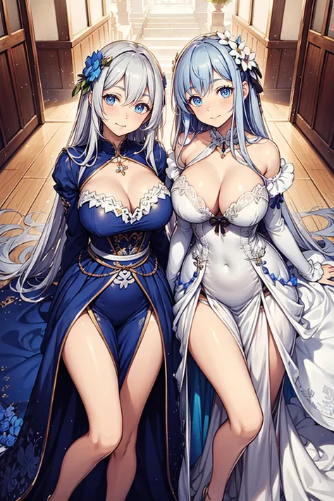 saint，Have fun，in love，(Western Style Magic White Dress)，silver hair，blue eyes，seductive pose,Dressed so beautifully，transparent clothes，Lilac texture，blue texture，puffy sleeves，Ruffle，lace，flower decoration，Decorative cloth，bow，european courtyard，2 people...