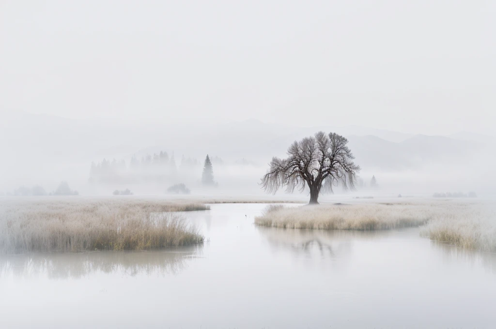 There is a lone tree in the middle of the lake, Ethereal Landscape, ethereal mist, mild mist, Very ethereal, Extremely ethereal, in a Tranquil scenery, Fine mist, shrouded in mist, Isolated on white, Tranquil scenery, Willows and Hills, veiled in mist, sof...