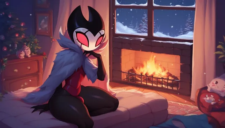 score_9, score_8_up, score_7_up, score_6_up, zPDXL2, grimm (hollow knight), vampire, bat, 1boy, solo, cute face, detailed eyes, thick thighs, tiny, thick ass, background, seductive look, landscape, near a window, snow falling outside, sitting near the fire...