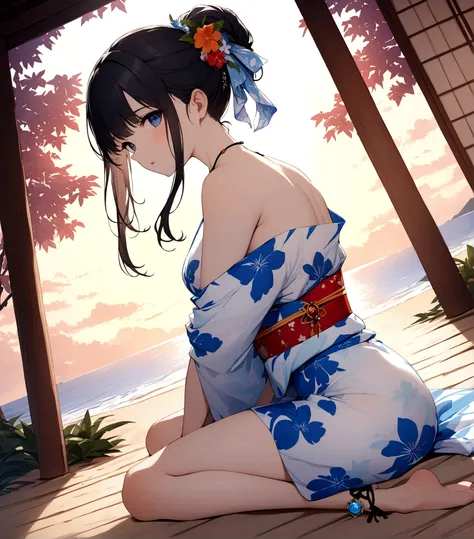 ((Highest quality)), ((masterpiece)), (detailed), A black-haired girl wearing a summery blue, white, and red Japanese yukata sitting on the floor at a beach in a Japanese summer setting with her hair tied up、Breeze、A pleasant breeze、A Japanese summer backg...