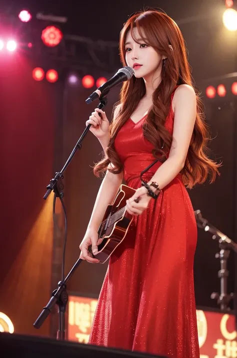 place　Concert Venues　Illuminated red　Pretty Girl　Hairstyle long brown　The microphone is in the right hand　