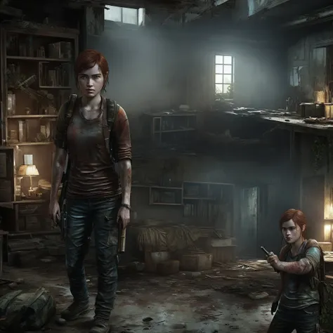 Create Joel Miller from The Last Of Us, with a woman with beautiful red hair, both hidden from the infected while paying attention to the abandoned environment. 