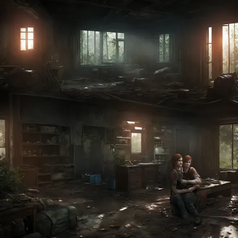 Create Joel Miller from The Last Of Us, with a woman with beautiful red hair, both hidden from the infected while paying attention to the abandoned environment. 