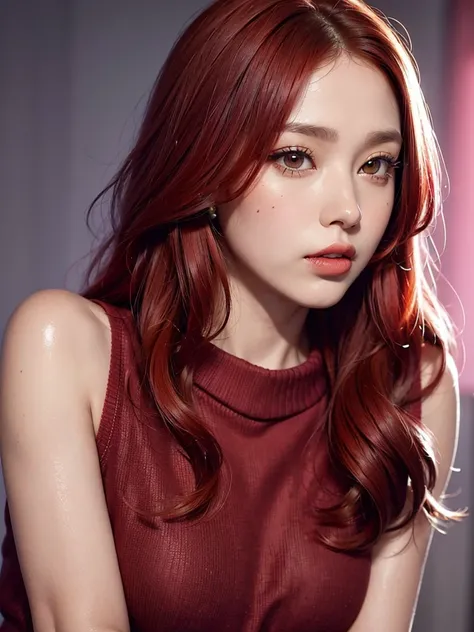  1girl, alone, solitary, high quality, (best quality,4k,8k,highres,masterpiece:1.2),ultra-detailed,(realistic,photorealistic,photo-realistic:1.37),gorgeous hair,bright red hair,long hair with bangs,sharp eyes,mole under the eye,plump lips,jewelry,(high det...