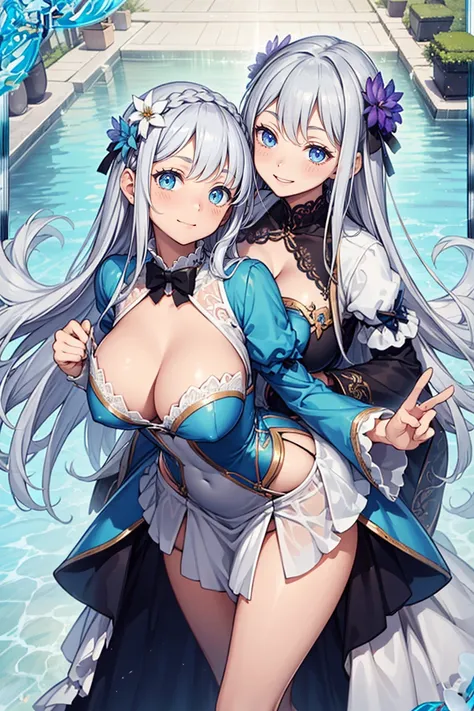 saint，Have fun，in love，(Western Style Magic White Dress)，silver hair，blue eyes，seductive pose,Dressed so beautifully，transparent clothes，Lilac texture，blue texture，puffy sleeves，Ruffle，lace，flower decoration，Decorative cloth，bow，european courtyard，2 people...