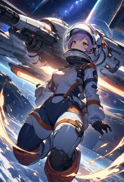 (SF4kArt)、Detailed Description、(Space War:1.2)、(Huge spaceships fighting in space:1.2)、Female Astronauts、Spacesuit、Airtight helmet、cockpit、(A huge spaceship can be seen beyond the canopy:1.2)、milky way、nebula、Laser weapon splash and sparkling、(Highest qual...