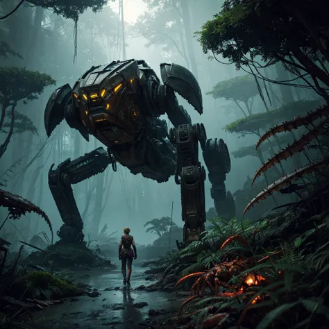 a beautiful woman, Scarlett Johansson, age 25, wearing dirty tattered cloth, scared and battered, being stalked by robot crabs across an alien jungle, horror, danger, peril, sci-fi, cinematic lighting, dramatic angles, highly detailed, photorealistic, 8k, ...