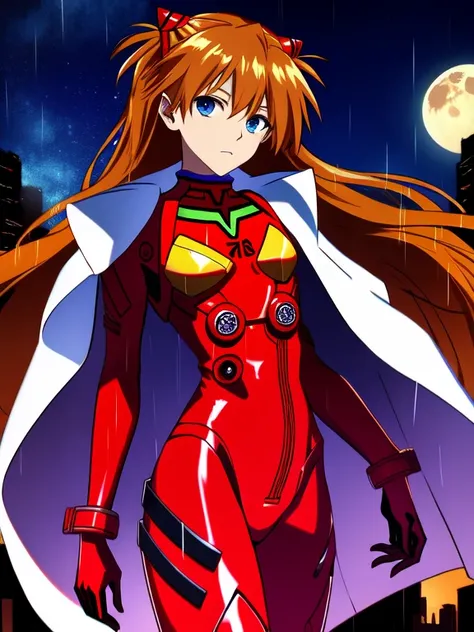 Asuka Langley ,masterpiece, best quality,,city,cyperpunk,night,rain,moon, cloak, cape