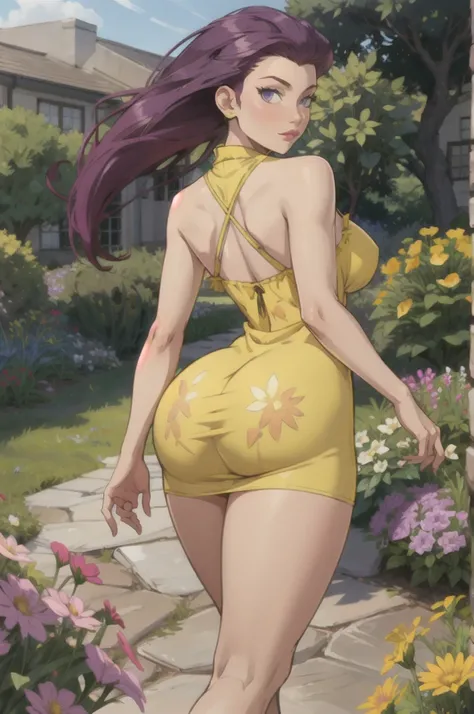 (masterpiece,best quality,edgQuality),outside,garden,dappled sunlight,flowers,big booty,looking at viewer,EPpkJessie,long hair,hair slicked back,purple hair,woman wearing a yellow sundress,edgYSD 