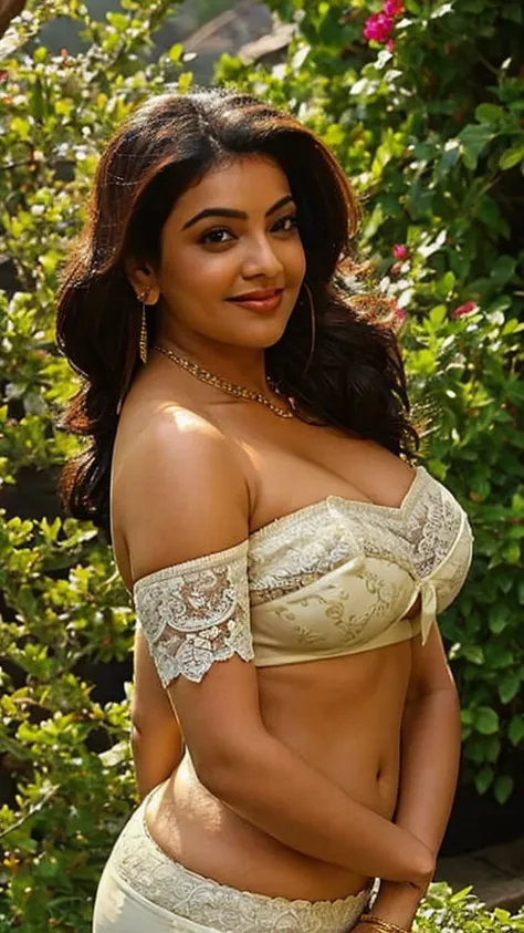 Day scene, close up photo of sexy indian, big cheeks, curvy, sexy navel, winking eyes, biting lips, bending over viewer in a garden, off shoulder strapless cowl neck lace bra, deep cut neckline, perfect figure, swooping big breasts, deep cleavage, ponytail...