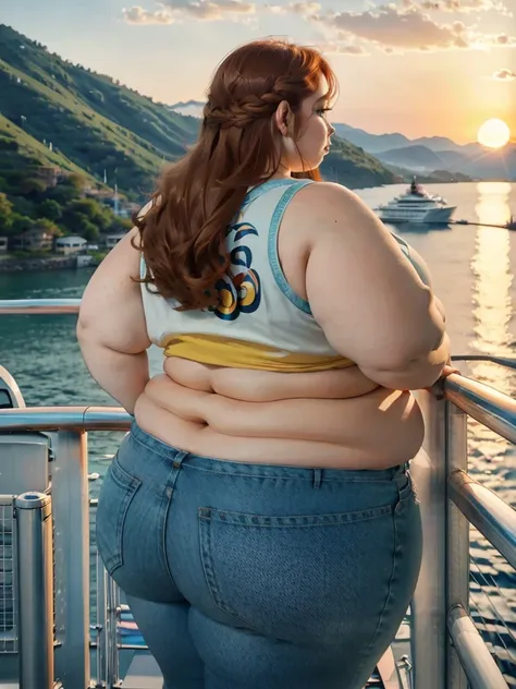 A backview photo of a Beautiful ginger SSBBW, with long wavy light Brownish-ginger hair, freckled body with big soft fat belly, thicc fat arms, very thicc wide legs, huge obese booty in tight short jeans, and cute loose blue top standing on a cruise, crusi...