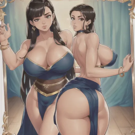 (masterpiece, best quality:1.2), Duss Art, (perfect anatomy:1.2), 1girl, solo, parted lips, black hair, from behind, ass, pelvic curtain, looking at viewer, (brown eyes), breasts, bangs, closed mouth, huge breasts, mature female, tube top, loincloth, brace...