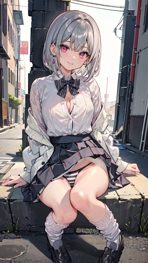 (8K、Best image quality、Highest quality、masterpiece)、Detailed face、1 Girl、Dark silver hair、Bobcut、Pink inner hair、Pink Eyes、Earrings、Wicked Smile、Moderate bust、White shirt、Long sleeve、((Removed buttons))、Cleavage、Black pleated skirt、((White and black stripe...