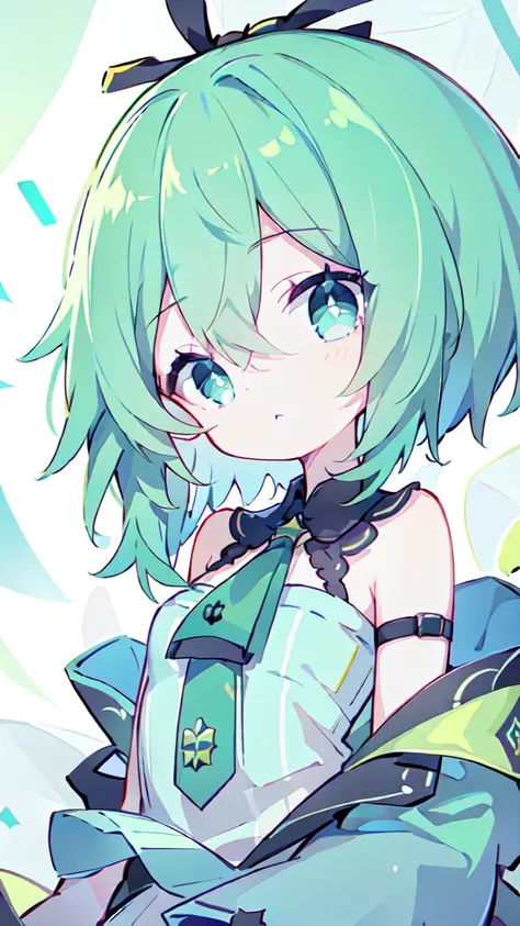 Vocaloid、Dark green hair、Bob hairstyle、Half-open eyes、Blue eyes、Beautiful clothes、Star hair ornament、