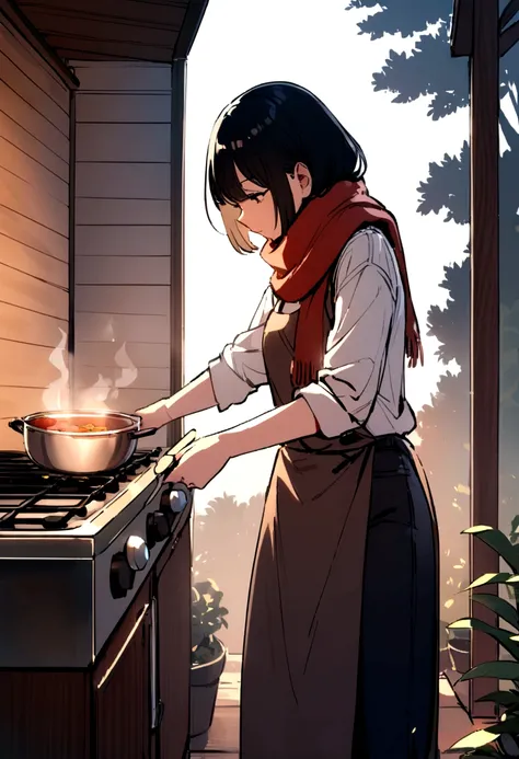 A  is playing cooking and cooking in her backyard wearing a short white shirt short black pants short black hair on a scarf