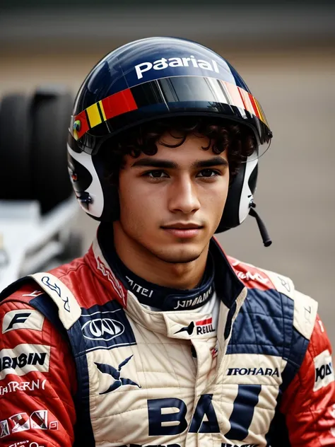 A young Formula 1 driver, he is 25 years old and he is of Brazilian origin with brown eyes and short curly hair.
They don&#39;t smile.