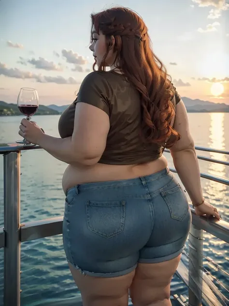 A backview photo of a Beautiful ginger SSBBW, with long wavy light Brownish-ginger hair, freckled body with big soft fat belly, thicc fat arms, very thicc wide legs, huge obese booty in tight short jeans, and cute loose blue top standing on a cruise, crusi...