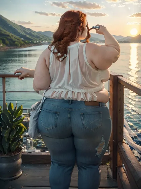 A backview photo of a Beautiful ginger SSBBW, with long wavy light Brownish-ginger hair, freckled body with big soft fat belly, thicc fat arms, very thicc wide legs, huge obese booty in tight short jeans, and cute loose blue top standing on a cruise, crusi...