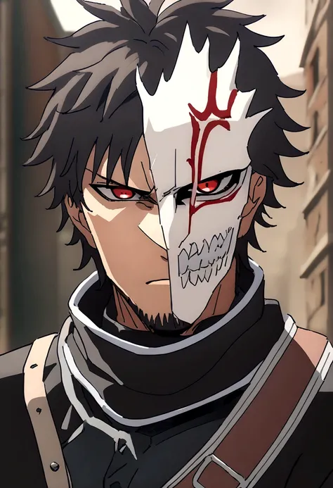 Anime man, shaved beard, serious face, black fluffy messy hair, black suit, cool, ((best quality)), black scarf, black waist straps, Fanny pack across shoulder, full hollow mask covering whole face, red eyes, full anger and rage