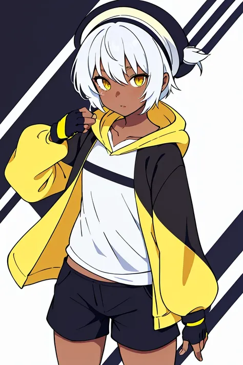 tsunako, 1girl, tomboy, hat, pixie cut, dark skin female, flat chest, shirt, open hoodie, shorts, fingerless gloves, white hair,...