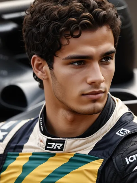 A young Formula 1 driver, he is 25 years old and he is of Brazilian origin with brown eyes and short curly hair.
They don&#39;t smile.