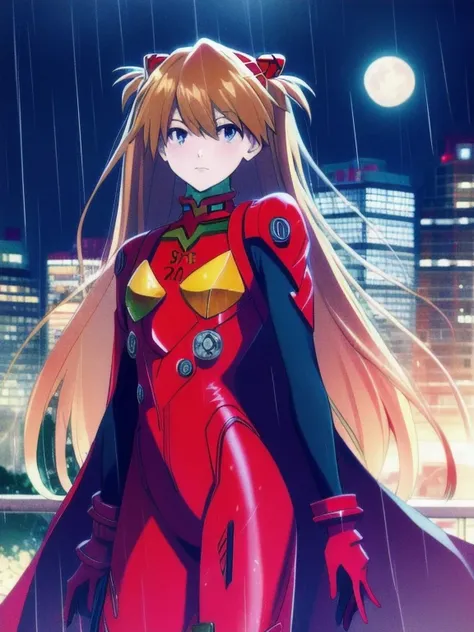 Asuka Langley ,masterpiece, best quality,,city,cyperpunk,night,rain,moon, cloak, cape