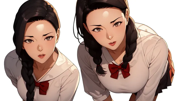 1、Revised sentence: "Clean white background, dynamic posture with full body attention in a school uniform featuring a red bow tie, white shirt, pleated skirt, and long sleeves. The character has black hair pulled back into a braid and is wearing a miniskir...