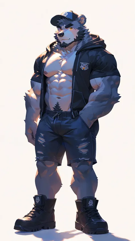 (masterpiece:1.2), best quality,pixiv,official art,perfect anatomy, (Ray tracing, light),solo, (1_male:1.3) , (muscle), (grey fur:1.4), (muscle bear), (beard:1.2), (gleaming golden eyes), bear tail, full body, Thick black eyebrows, baseball cap, (open shor...