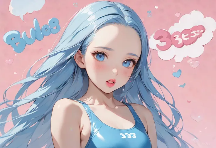 (Characters appear word of "33333"), (solo:2, 15 yo forehead blue hair long hair cute girl, lovely blue eyes, cute open mouth, pink lips), in a One piece swimsuit, BREAK, perfect anatomy, masterpiece, best quality, 16k, beautiful detailed grow, daydreaming...