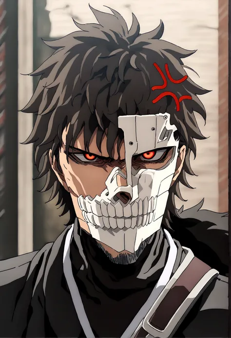 Anime man, shaved beard, serious face, black fluffy messy hair, black suit, cool, ((best quality)), black scarf, black waist straps, Fanny pack across shoulder, full hollow mask covering whole face, red eyes, full anger and rage