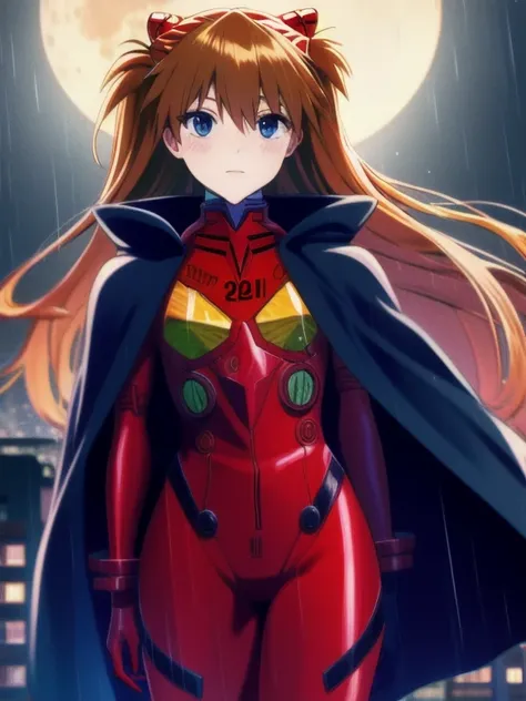 Asuka Langley ,masterpiece, best quality,,city,cyperpunk,night,rain,moon, hooded cloak, cape