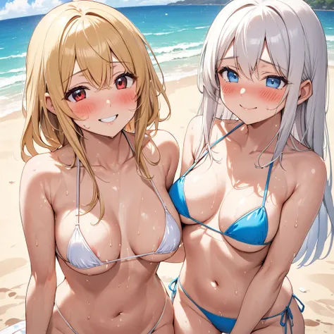 NSFW, beach, micro g-string micro bikini, blonde red eyes straight hair, white hair blue eyes medium straight hair, medium breasts, sweaty, blushing, two adult women, smiling