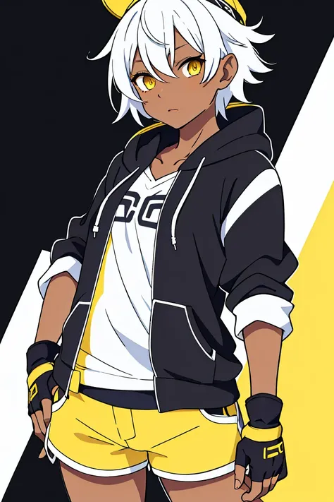 tsunako, 1girl, tomboy, hat, pixie cut, dark skin female, flat chest, shirt, open hoodie, shorts, fingerless gloves, white hair,...