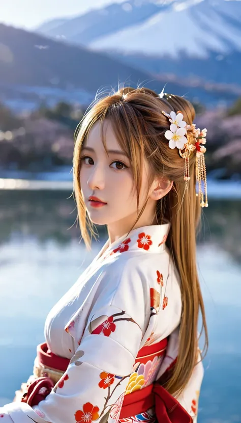 Asuna, masterpiece, best quality, detailed, (1 Girl), Solitary, detailed golden eyes, Long hair, permanent, Close to the viewer, (detailed kimono), A faint smile, Medium breasts,  (Put your hands behind your back), water, Sunset, (Hair accessories), (Cherr...