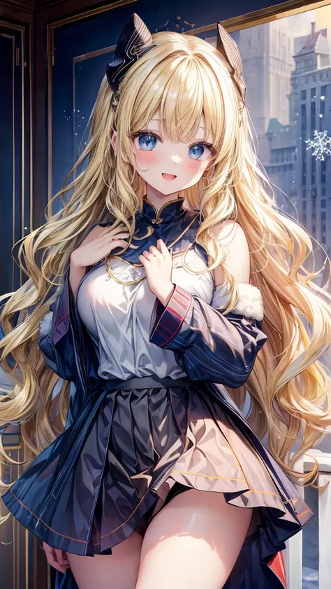 Very detailed、best quality、Best image quality、masterpiece、8K、Anime Face、A kind smile、open mouth、Sparkling blue eyes、(Blonde wavy hair:1.5)、Hands on hipini skirt、camisole，Snow white skin（10.0） Large Breasts（10.0）16K（10.0）， Ultra-clear（10.0） 最高品质 masterpiece