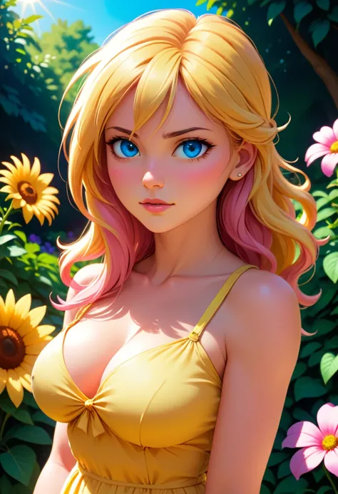 score_9, score_8_up, score_7_up, score_6_up,score_5_up,score_4_up, BREAK lightningfarron,outdoors,dappled sun light,garden,flowers,yellow sundress,big butt,looking at viewer,pink hair,blue eyes 