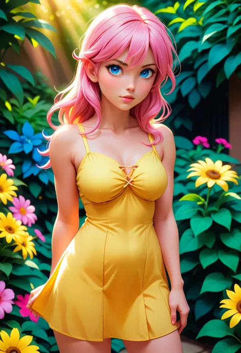 score_9, score_8_up, score_7_up, score_6_up,score_5_up,score_4_up, BREAK lightningfarron,outdoors,dappled sun light,garden,flowers,yellow sundress,big butt,looking at viewer,pink hair,blue eyes 