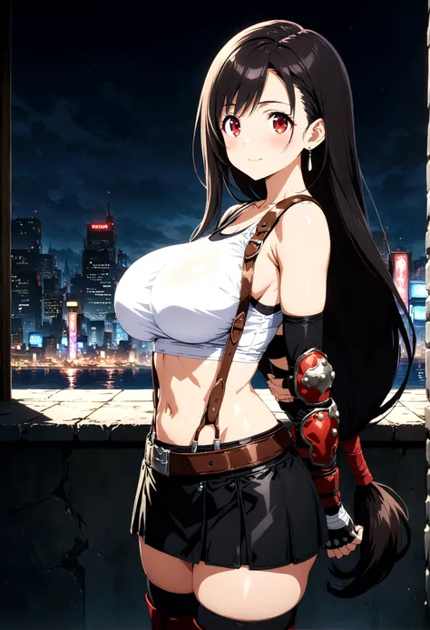 score_9, score_8_up, score_7_up,4k, ,BREAK , from side,breast focus,standing,straight-on,cinematic angle, (arms behind back,),,(medium shot),looking_at_viewer ,1girl, tifa lockhart, final fantasy, tareme,black hair, low-tied long hair, red eyes, bangs, whi...