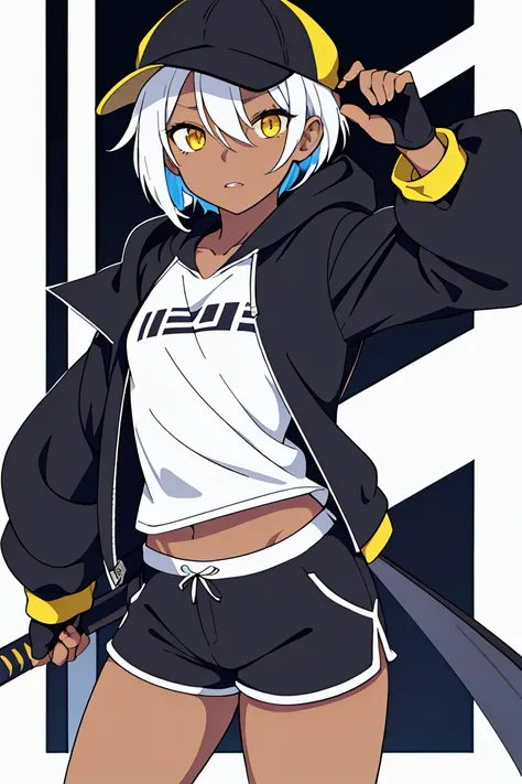 tsunako, 1girl, tomboy, hat, pixie cut, dark skin female, flat chest, shirt, open hoodie, shorts, fingerless gloves, white hair,...