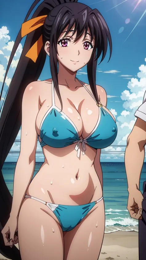 eft_dxd_akeno, 1girl, himejima akeno, solo, long hair, black hair, hair ribbon, purple eyes, ponytail, very long hair, Smiling, looking at the viewer, blue theme, blue background, cloudy sky, sunlight, sweat, orgasmic, bikini swimsuit, large breasts, cleav...