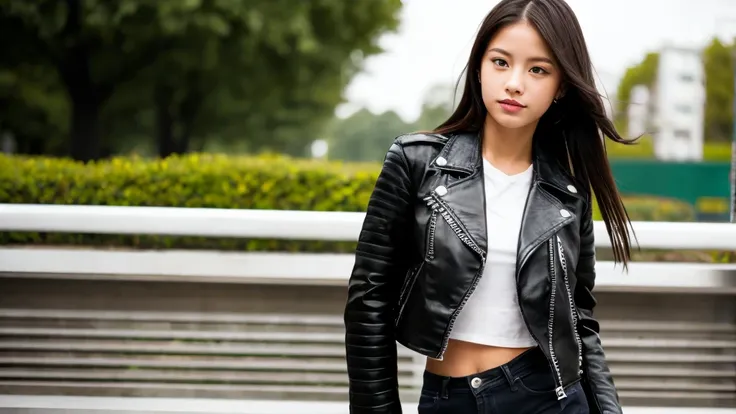 Attractive girl in a biker jacket.