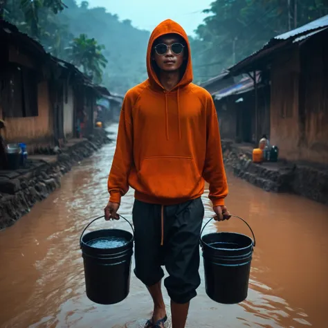 a man with a native Indonesian face, 25 years old, oval face, short side parted hair style, very thin body, sun glasses, wearing an orange hoodie, wearing black trousers, wearing black flip flops, appears to be carrying two buckets black color containing c...