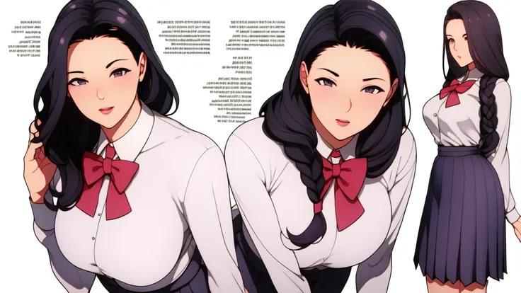 Simple white Background,
Dynamic posture, attention, full body,
School _ Uniform, red _ bow tie, white _ Shirt, pleats _ skirt, long sleeves,
Black _ hair, long _ hair, hair _ pull _ back, part _ lips, purple _ eyes, braid, minisskirts, black silk stocking...