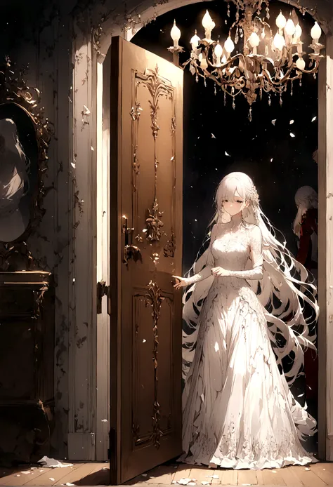 Passing by，(Standing outside the door),Fragments，Sad expression，Tears，beautiful，White long hair，((Broken lens))，Starlight，White long skirt