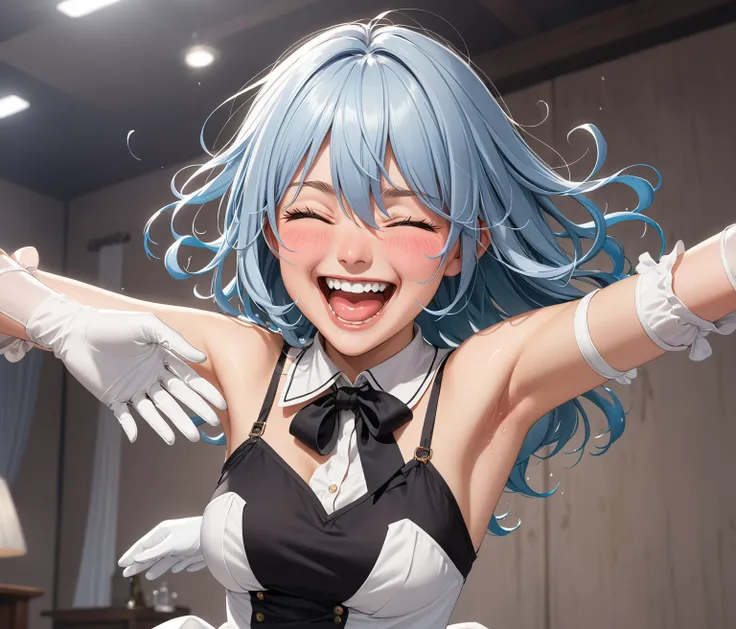 an extremely delicate and beautiful girls with her arms up,(laughing:1.4),(big mouth:1.1),open mouth,happy,(frown:1.3),(pain face),crazy smile,blush,sweat,(white gloves),(her armpits tickling with white gloves),White gloves go under the girl&#39;s armpits,...