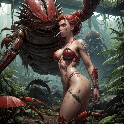 Man eating cyborg crabs stalk a cute woman (Scarlett Johansson, age 25, dressed only in cloth tatters, dirty and battered) across an alien jungle. Horror. Danger. Peril. Sci Fi
