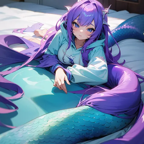 anime　Mermaid Girl　hoodie　Lying down with purple hair　Blue Tail