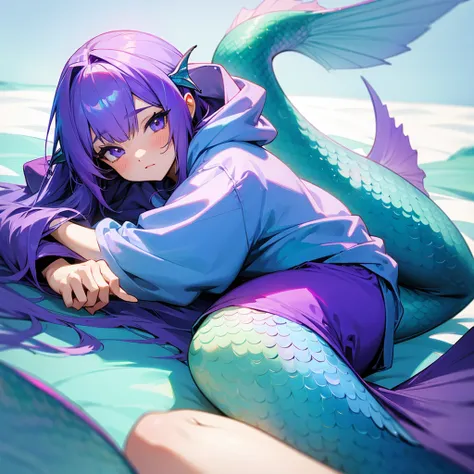 anime　Mermaid Girl　hoodie　Lying down with purple hair　Blue Tail