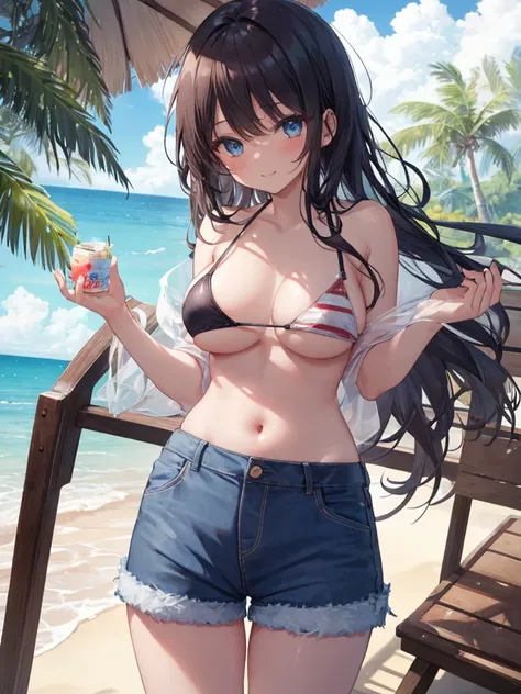 (8K、Highest quality、Highest quality、masterpiece)、Detailed face、One Girl、(Brown Skin:1.2)、Long Hair、Blue eyes、Seductive smile, seductive pose、(Bikini top Only、BikiniTop、Bikini Top、Denim hot shorts、Open Shorts、Unziped shorts、Mini Shorts、No Panties、NoPanties、...