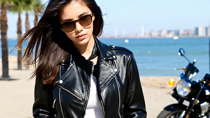 Attractive girl in a biker jacket and shades on.